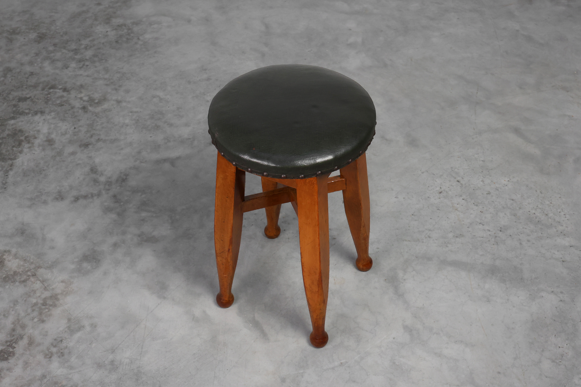 Arts & Crafts Meets Early Art Deco Oak & Leather Stool, France 1920 thumbnail